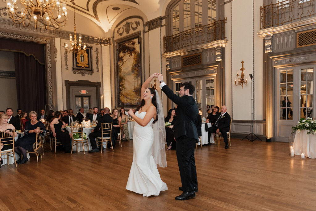 Couple's first dance in the Crystal Ballroom at the Tudor Arms Hotel in Ohio | J. Lynne Photography