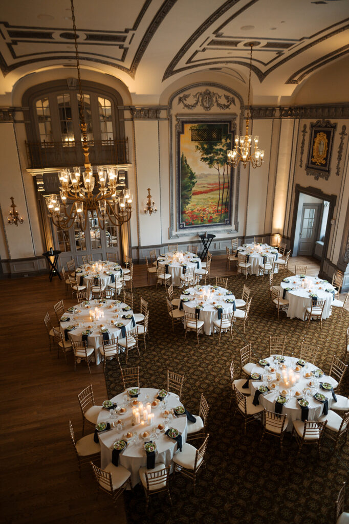 Distanced view of a wedding reception at the Crystal Ballroom at the Tudor Arms Hotel in Cleveland, Ohio | J. Lynne Photography